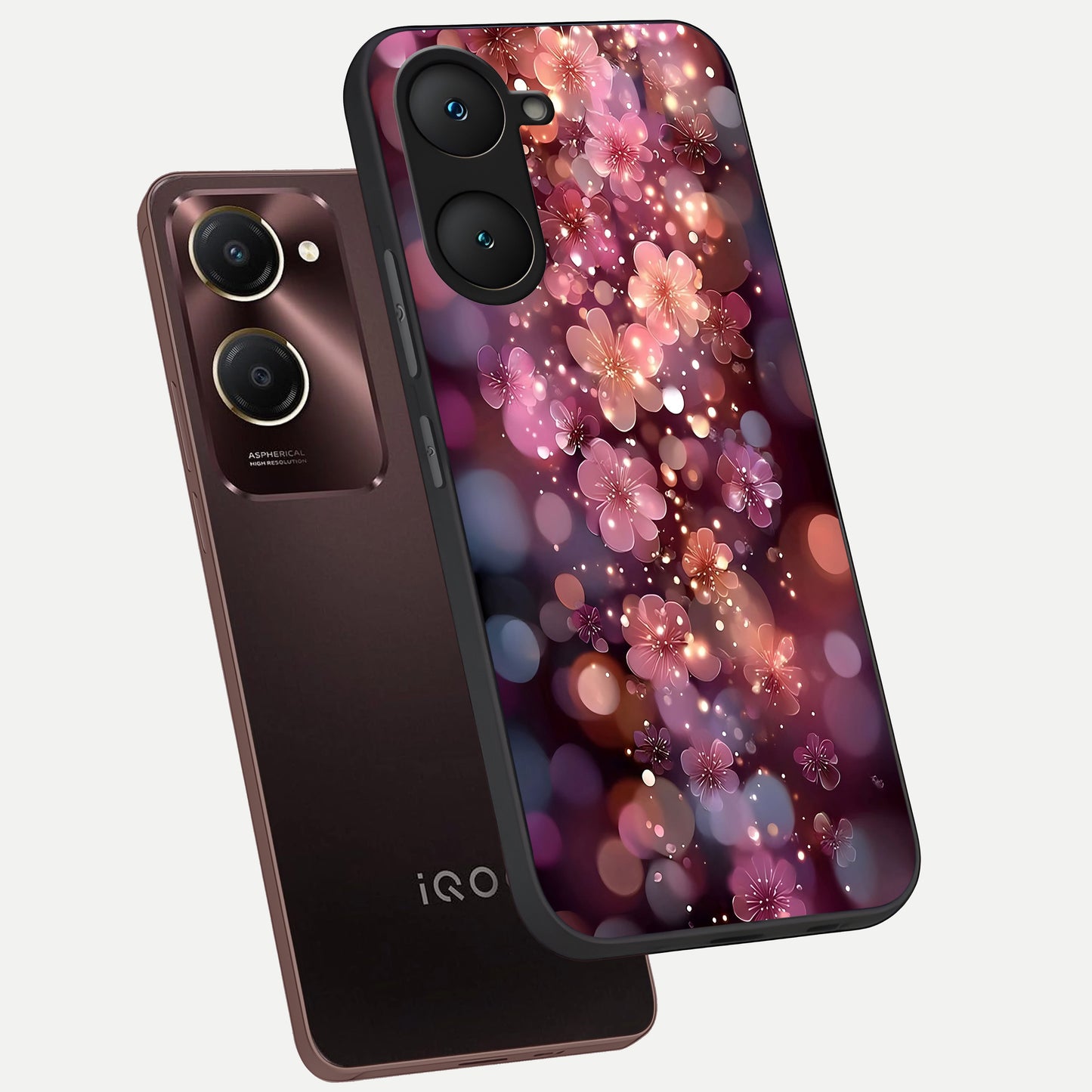  Glowing Petal Bliss phone case for iQOO Z9 lite showing premium glass back cover with detailed artwork