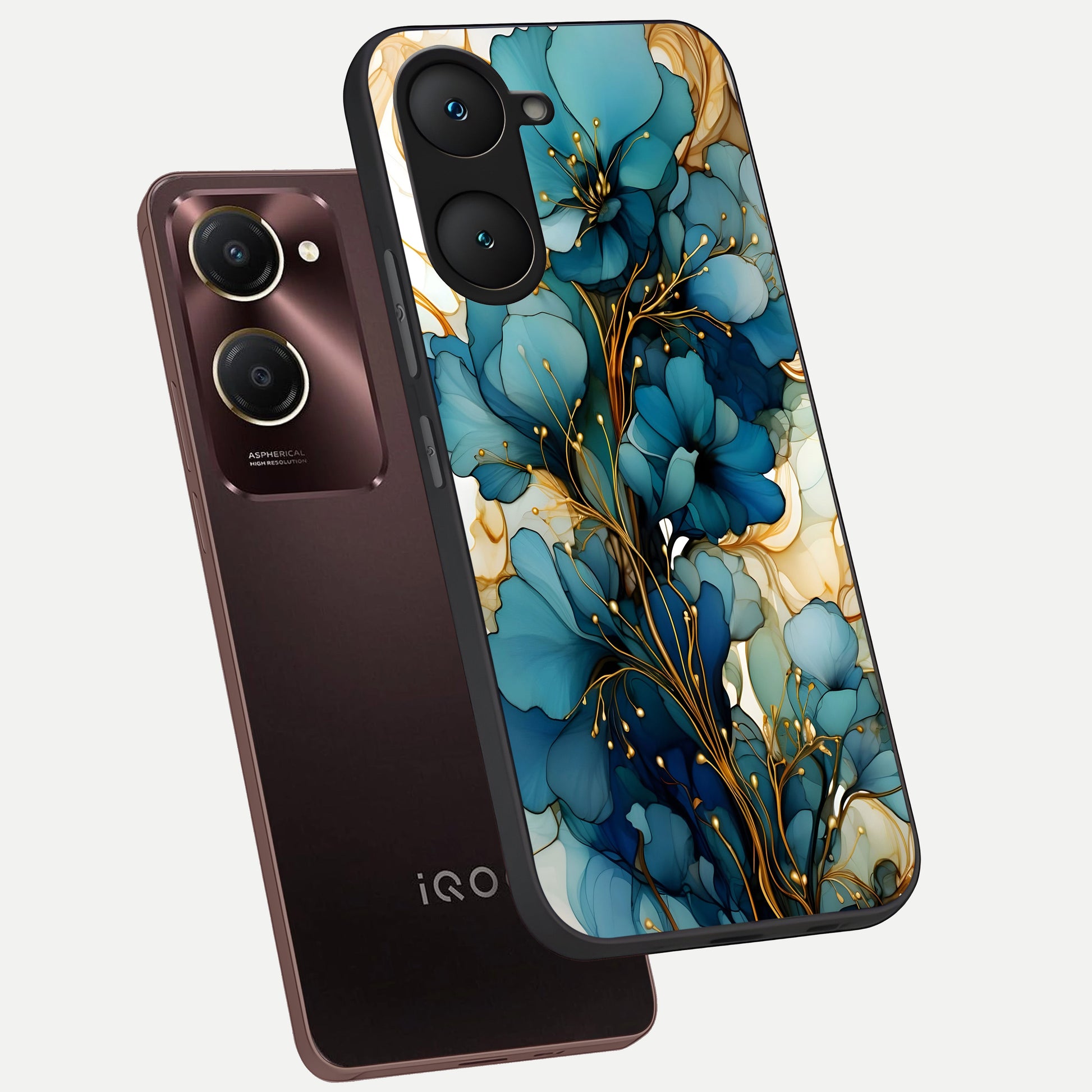  Golden Bloom Symphony phone case for iQOO Z9 lite showing premium glass back cover with detailed artwork