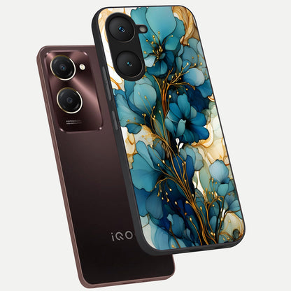  Golden Bloom Symphony phone case for iQOO Z9 lite showing premium glass back cover with detailed artwork