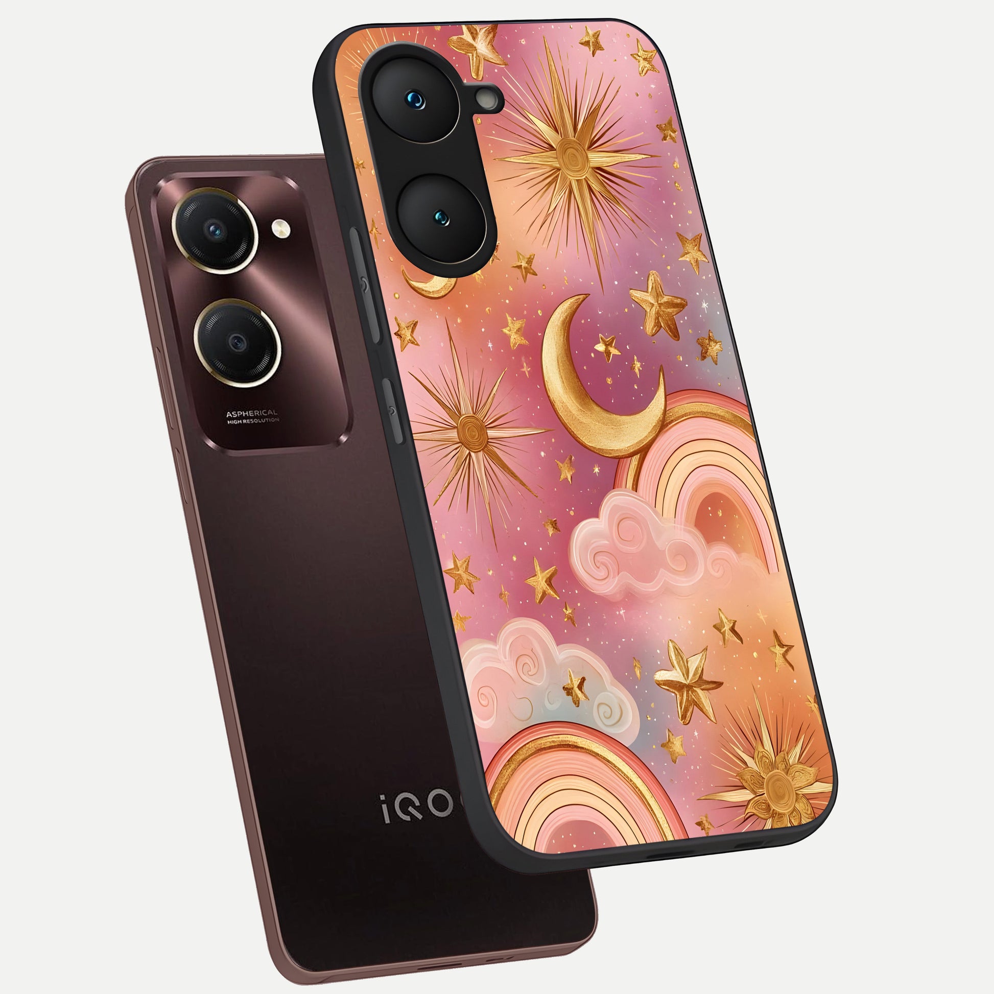  Golden Celestial Dreams phone case for iQOO Z9 lite showing premium glass back cover with detailed artwork