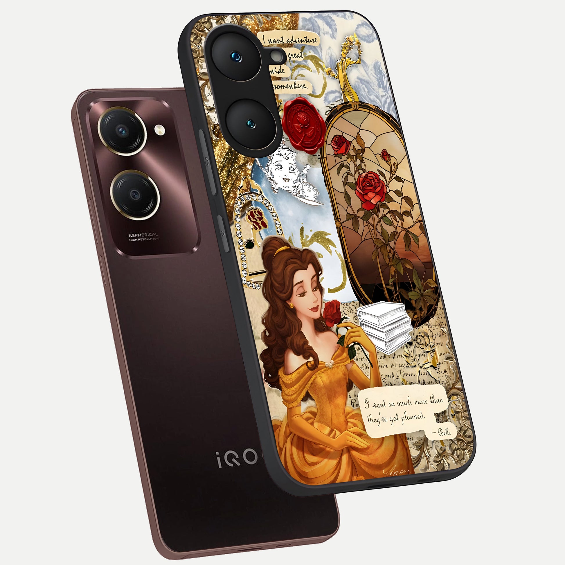  Golden Dream Belle phone case for iQOO Z9 lite showing premium glass back cover with detailed artwork
