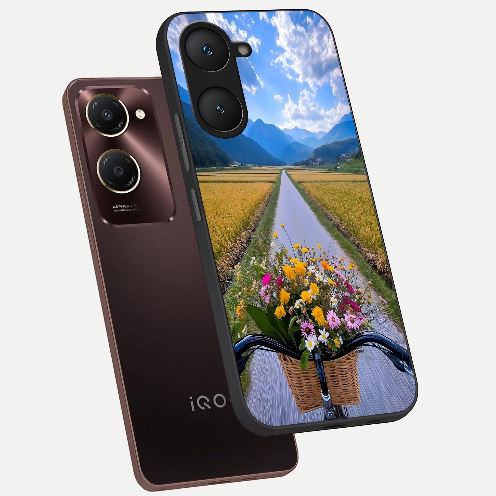  Golden Field Journey phone case for iQOO Z9 lite showing premium glass back cover with detailed artwork