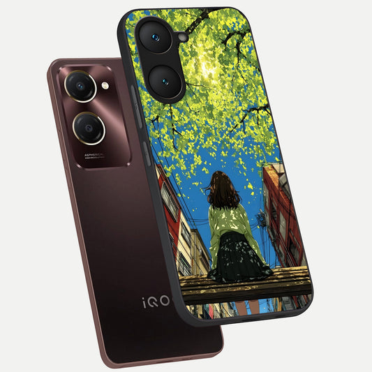  Golden Leaves Glow phone case for iQOO Z9 lite showing premium glass back cover with detailed artwork