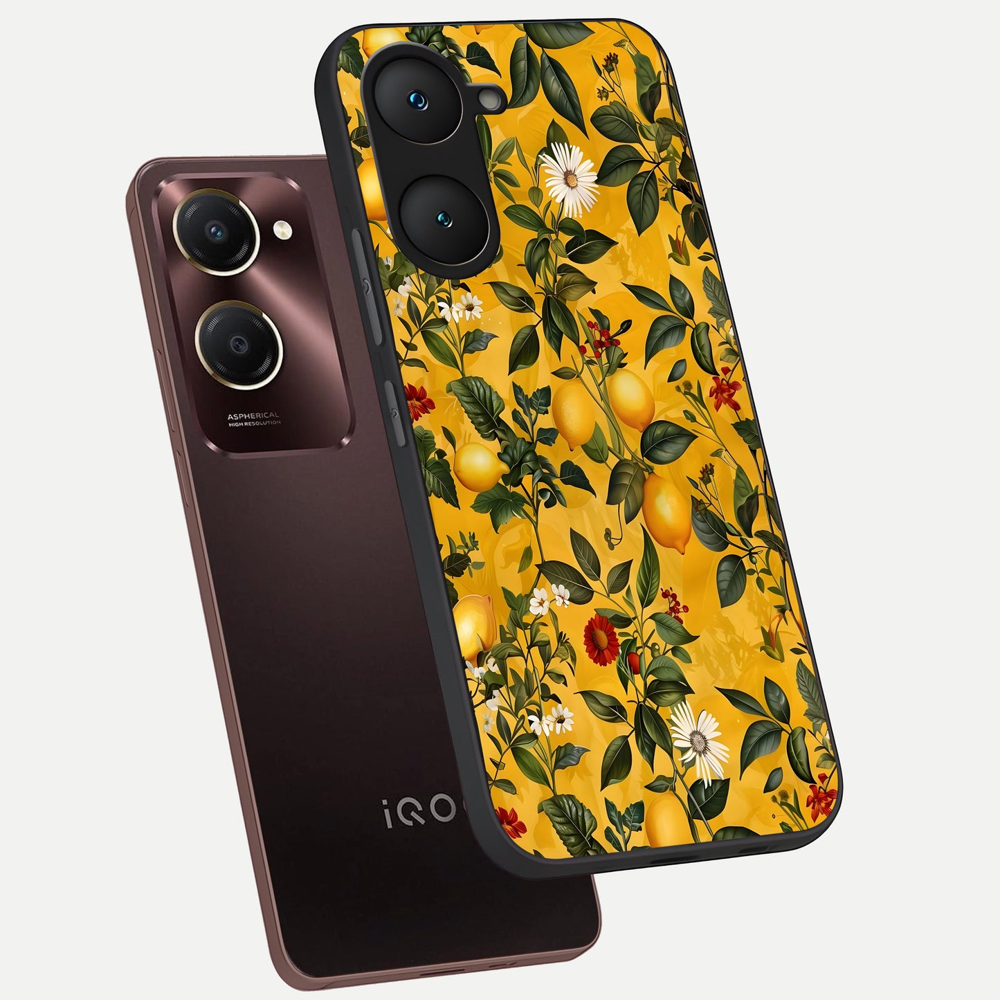  Golden Lemon Field phone case for iQOO Z9 lite showing premium glass back cover with detailed artwork