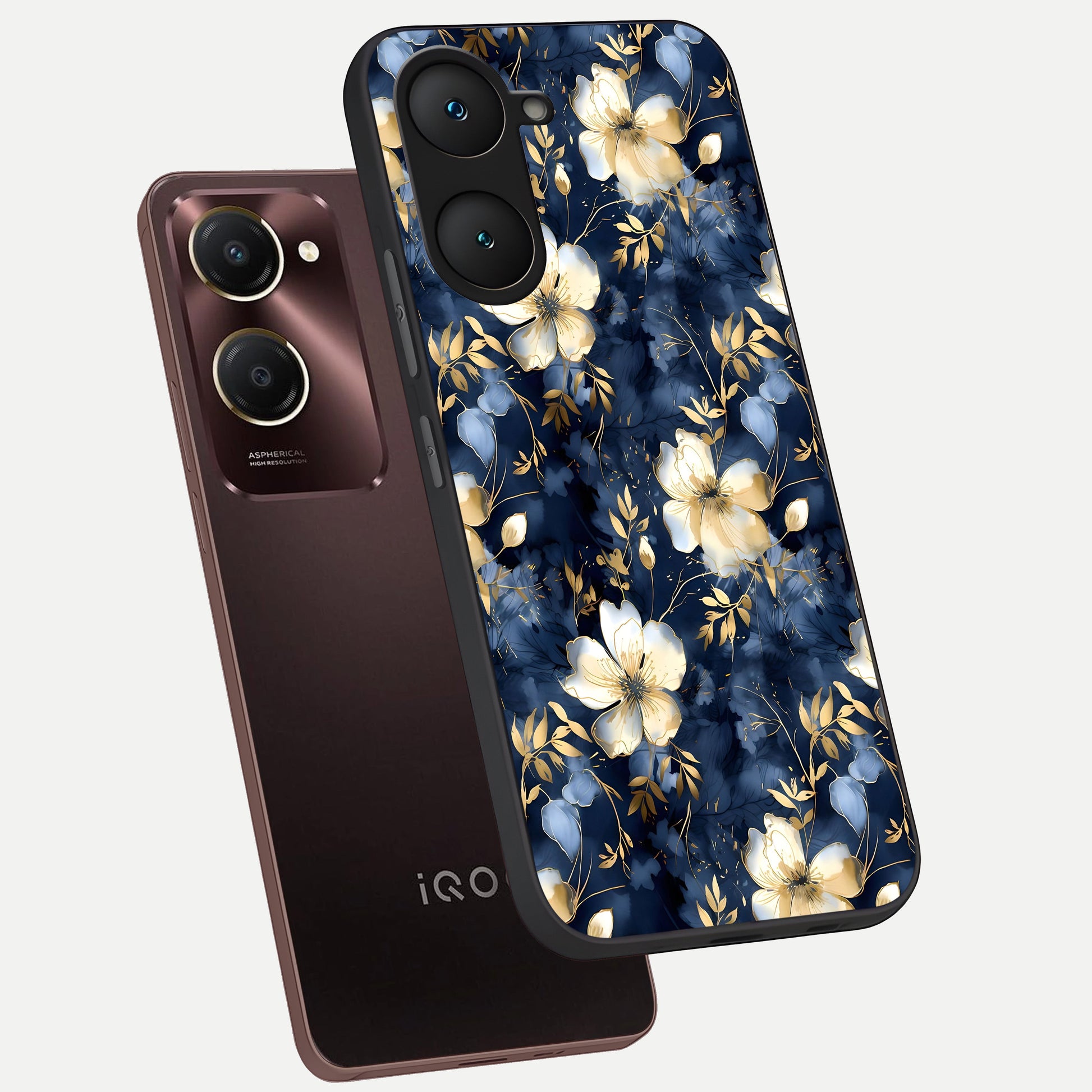  Golden Midnight Bloom phone case for iQOO Z9 lite showing premium glass back cover with detailed artwork