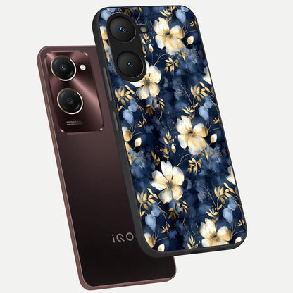  Golden Midnight Bloom phone case for iQOO Z9 lite showing premium glass back cover with detailed artwork