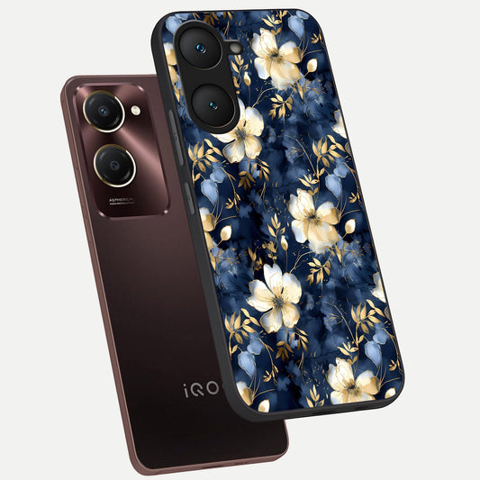  Golden Midnight Bloom phone case for iQOO Z9 lite showing premium glass back cover with detailed artwork