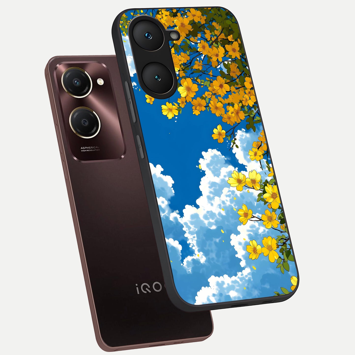  Golden Petal Sky phone case for iQOO Z9 lite showing premium glass back cover with detailed artwork