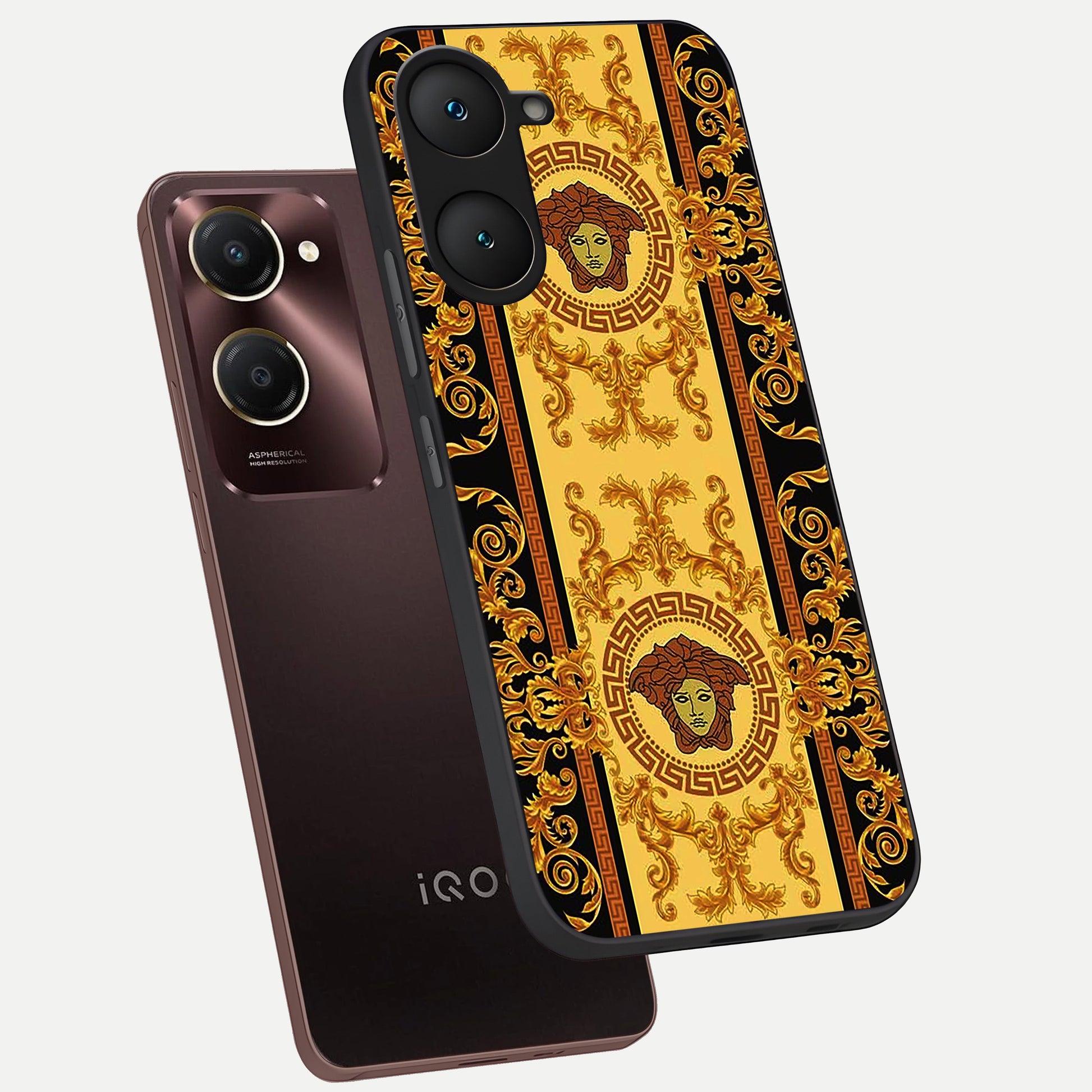  Golden Royal Heritage phone case for iQOO Z9 lite showing premium glass back cover with detailed artwork