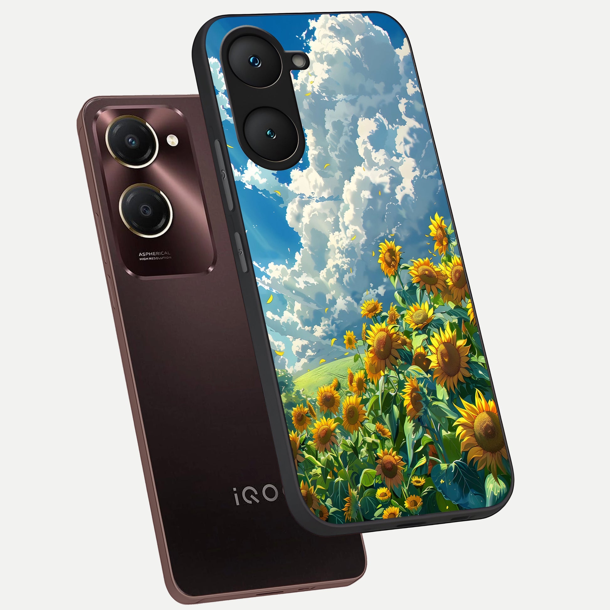  Golden Sun Glory phone case for iQOO Z9 lite showing premium glass back cover with detailed artwork