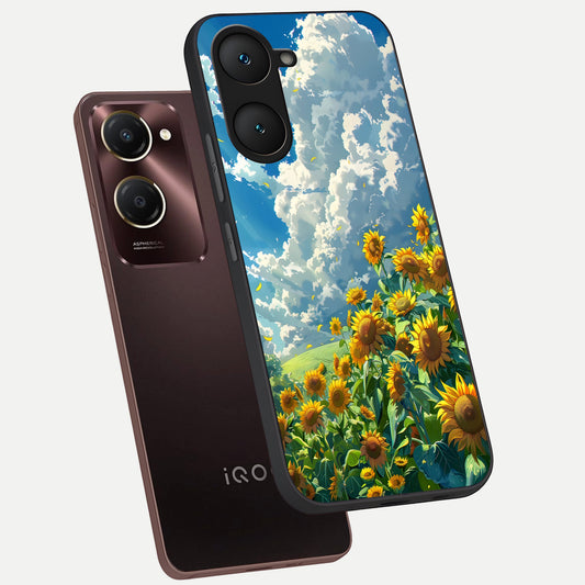  Golden Sun Glory phone case for iQOO Z9 lite showing premium glass back cover with detailed artwork