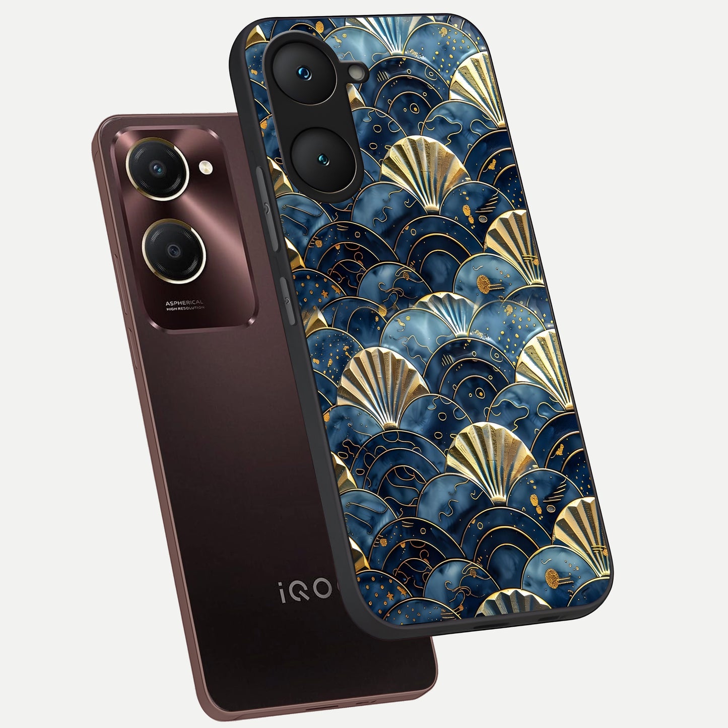  Golden Wave Luxe phone case for iQOO Z9 lite showing premium glass back cover with detailed artwork