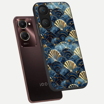 Golden Wave Luxe phone case for iQOO Z9 lite showing premium glass back cover with detailed artwork
