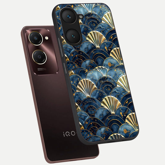  Golden Wave Luxe phone case for iQOO Z9 lite showing premium glass back cover with detailed artwork