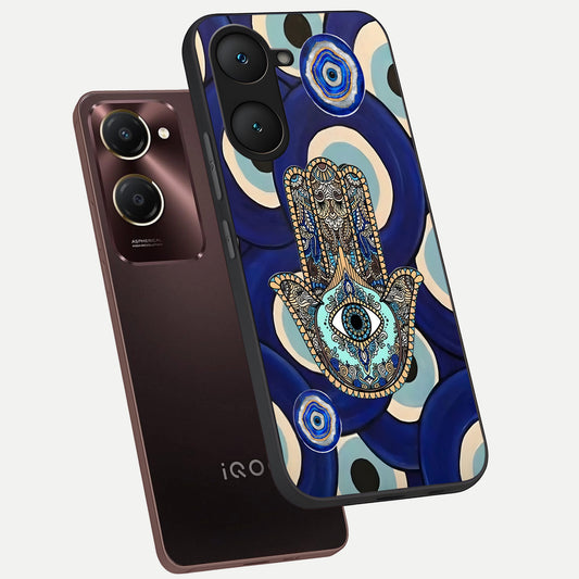  Hamsa Divine Guard phone case for iQOO Z9 lite showing premium glass back cover with detailed artwork