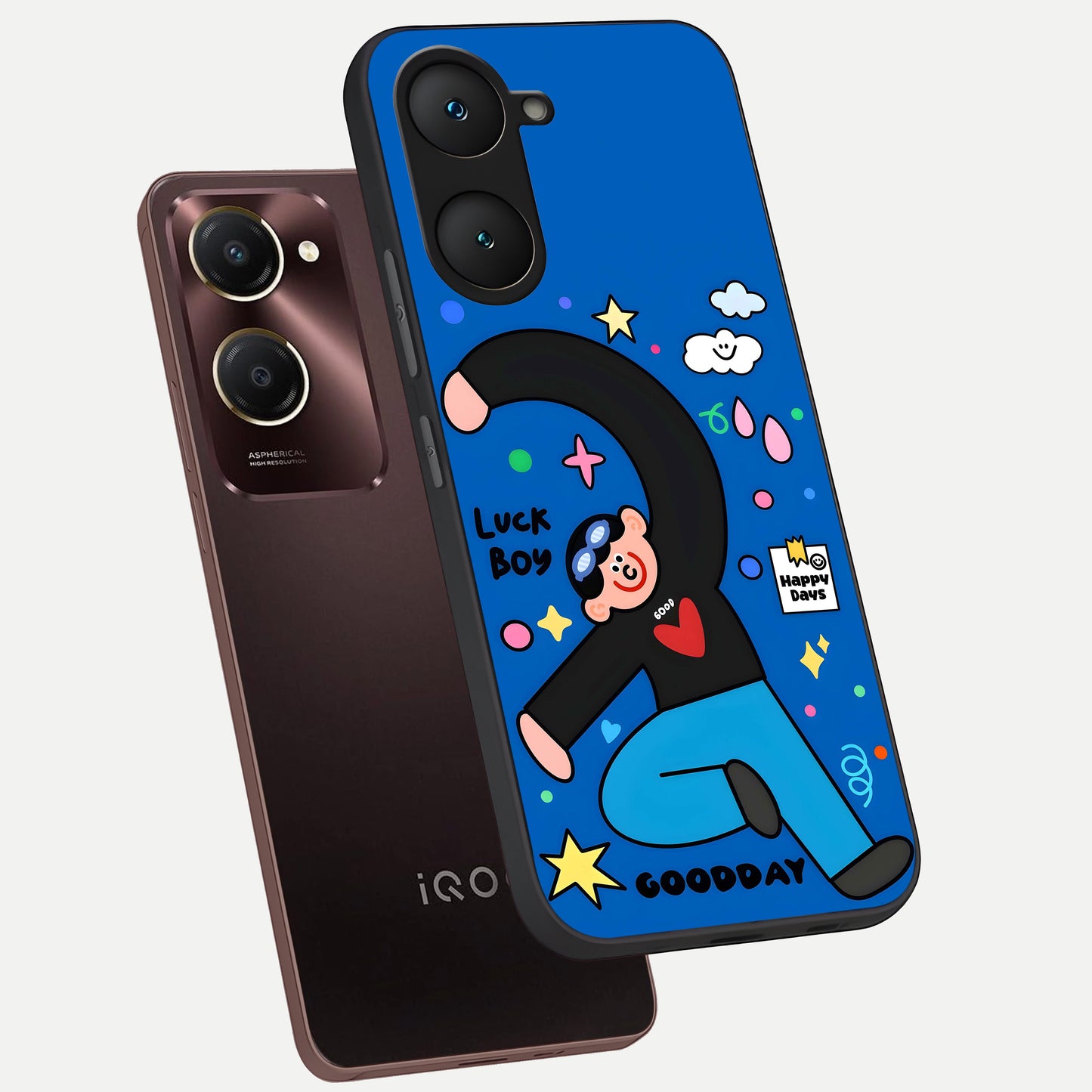  Happy Luck Vibe phone case for iQOO Z9 lite showing premium glass back cover with detailed artwork