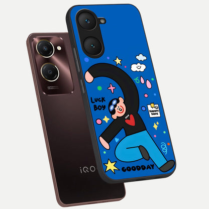  Happy Luck Vibe phone case for iQOO Z9 lite showing premium glass back cover with detailed artwork