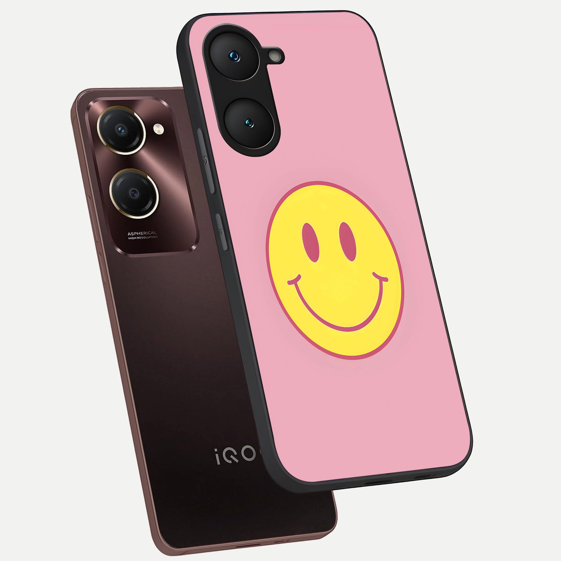  Happy Pink Mood phone case for iQOO Z9 lite showing premium glass back cover with detailed artwork