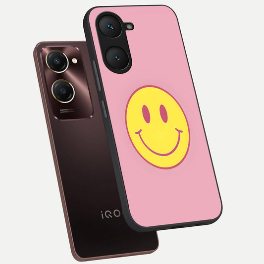  Happy Pink Mood phone case for iQOO Z9 lite showing premium glass back cover with detailed artwork