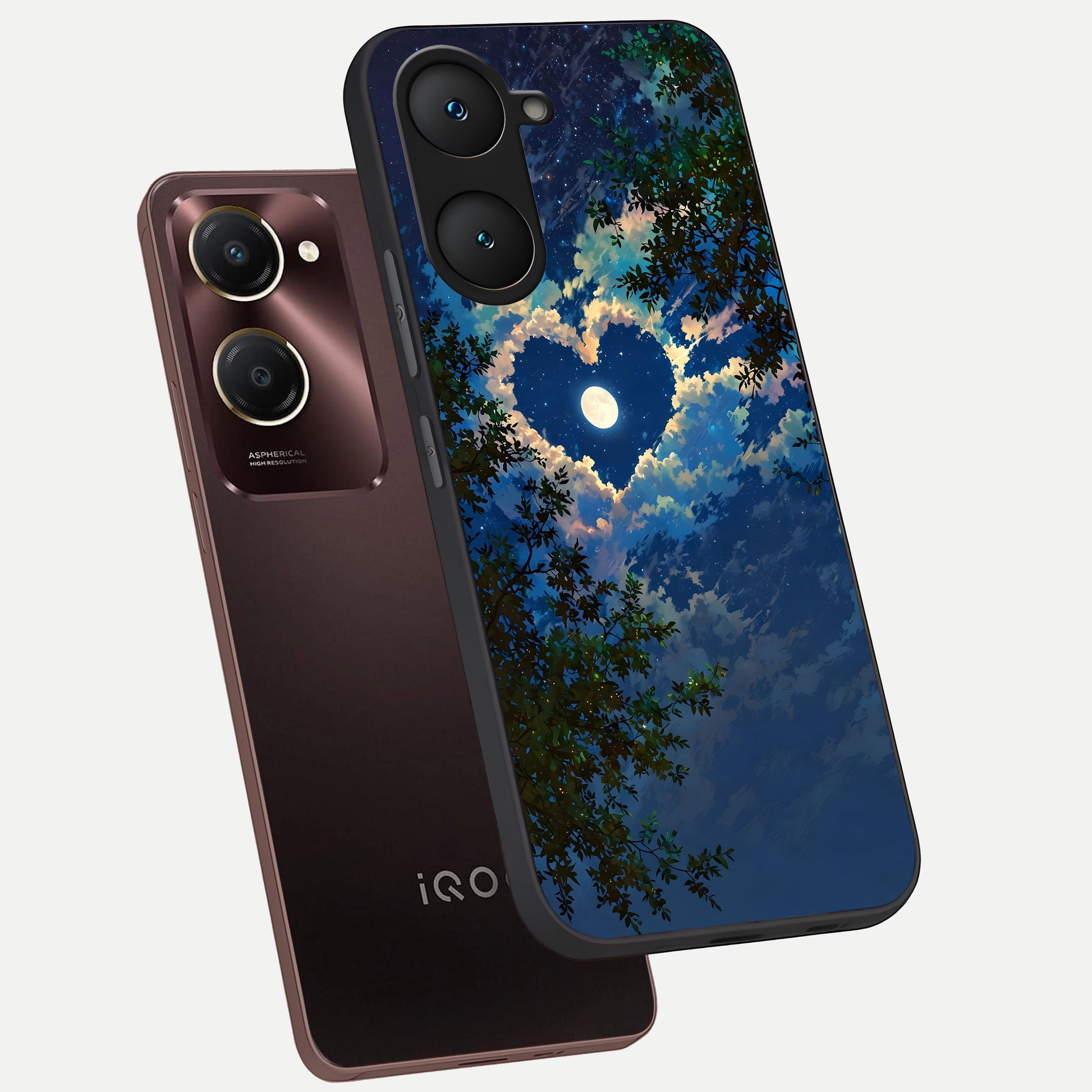  Heart With Moon Sky phone case for iQOO Z9 lite showing premium glass back cover with detailed artwork