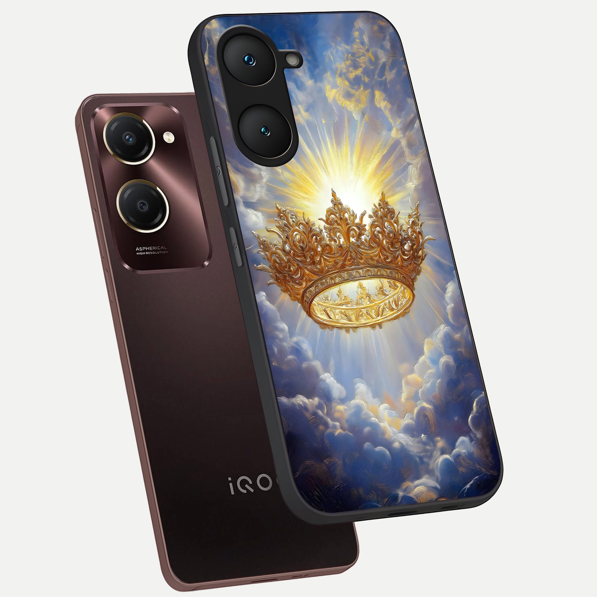  Heavenly Crown Light phone case for iQOO Z9 lite showing premium glass back cover with detailed artwork