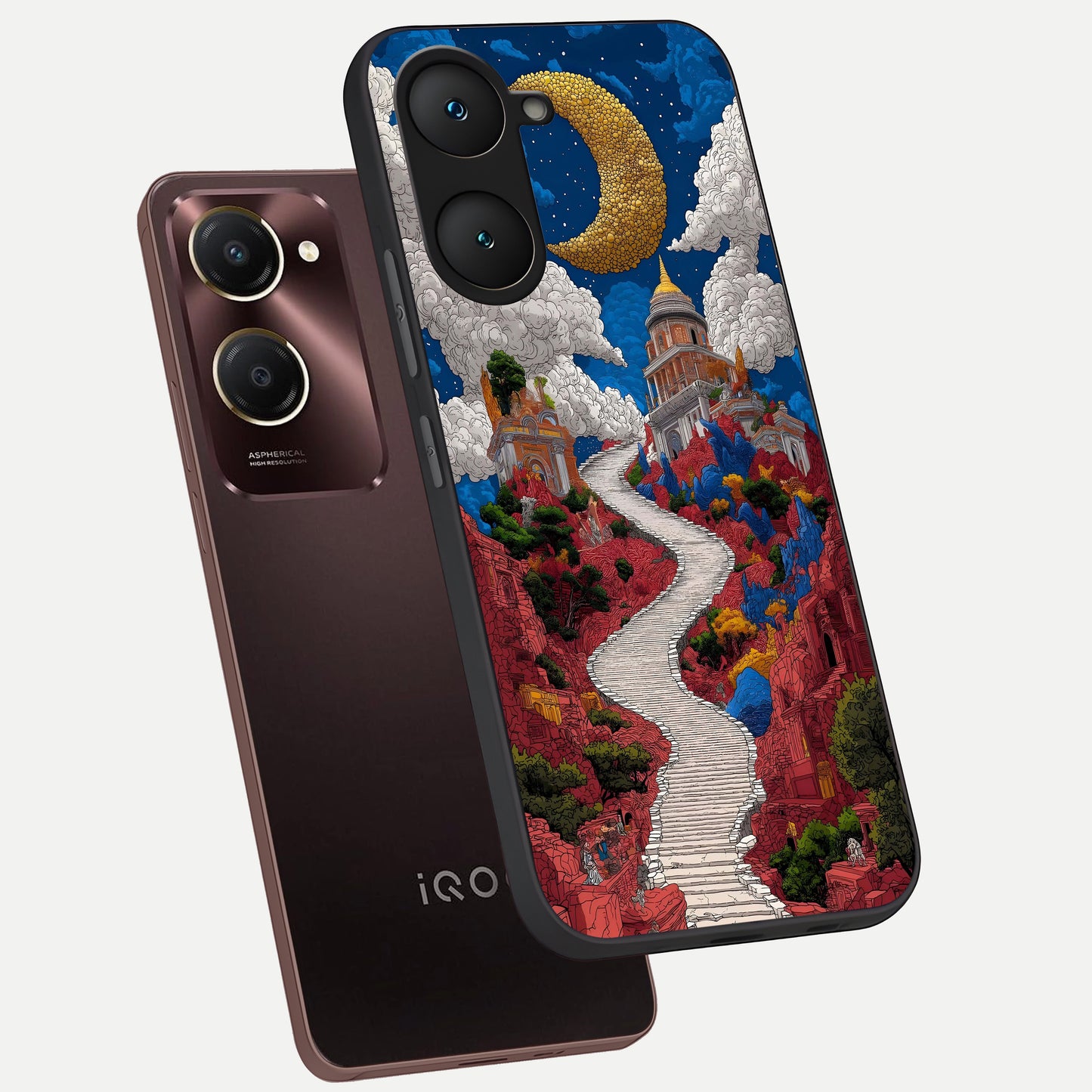  Heavenly Moon Path phone case for iQOO Z9 lite showing premium glass back cover with detailed artwork