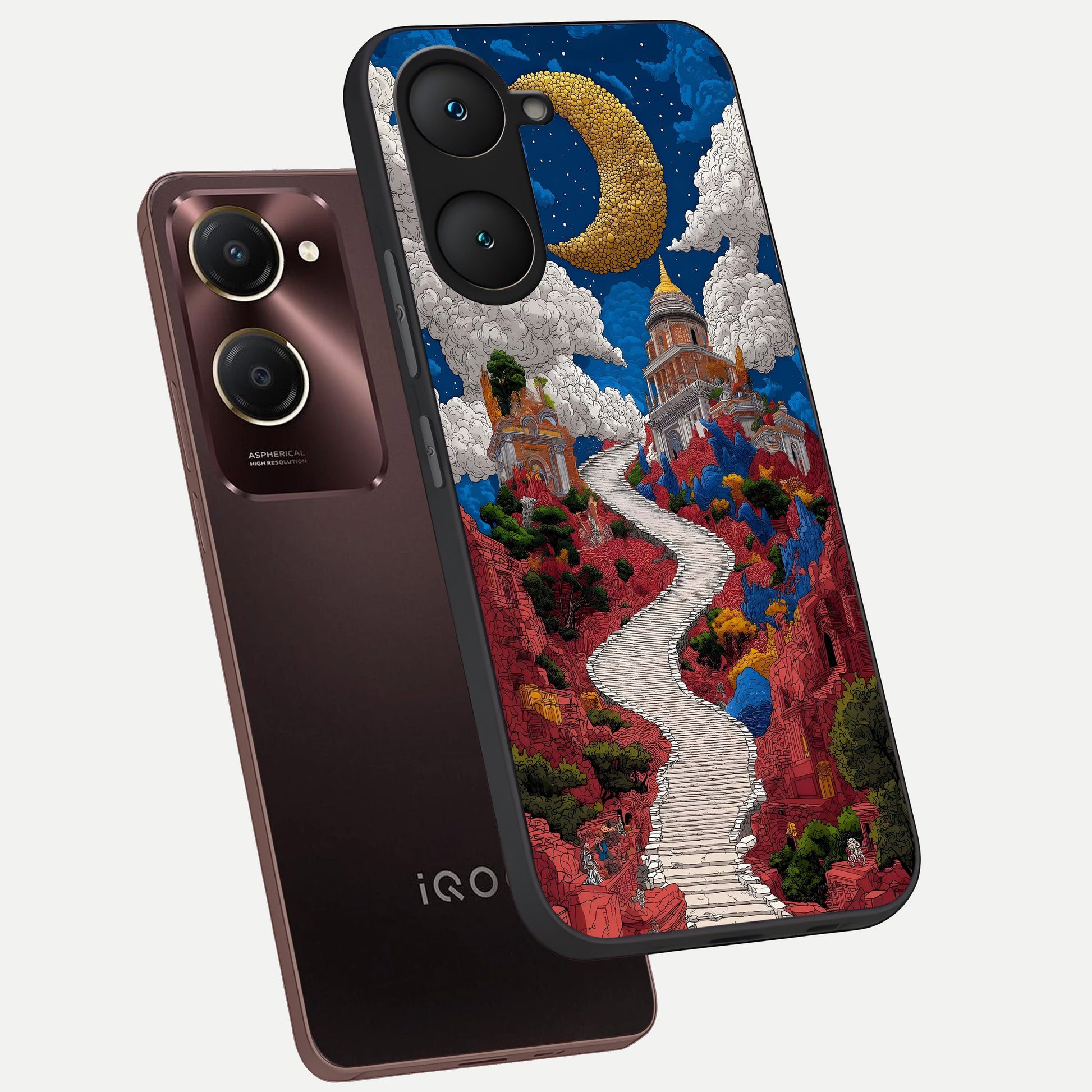  Heavenly Moon Path phone case for iQOO Z9 lite showing premium glass back cover with detailed artwork