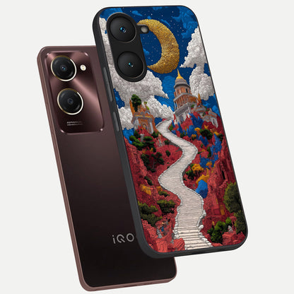  Heavenly Moon Path phone case for iQOO Z9 lite showing premium glass back cover with detailed artwork