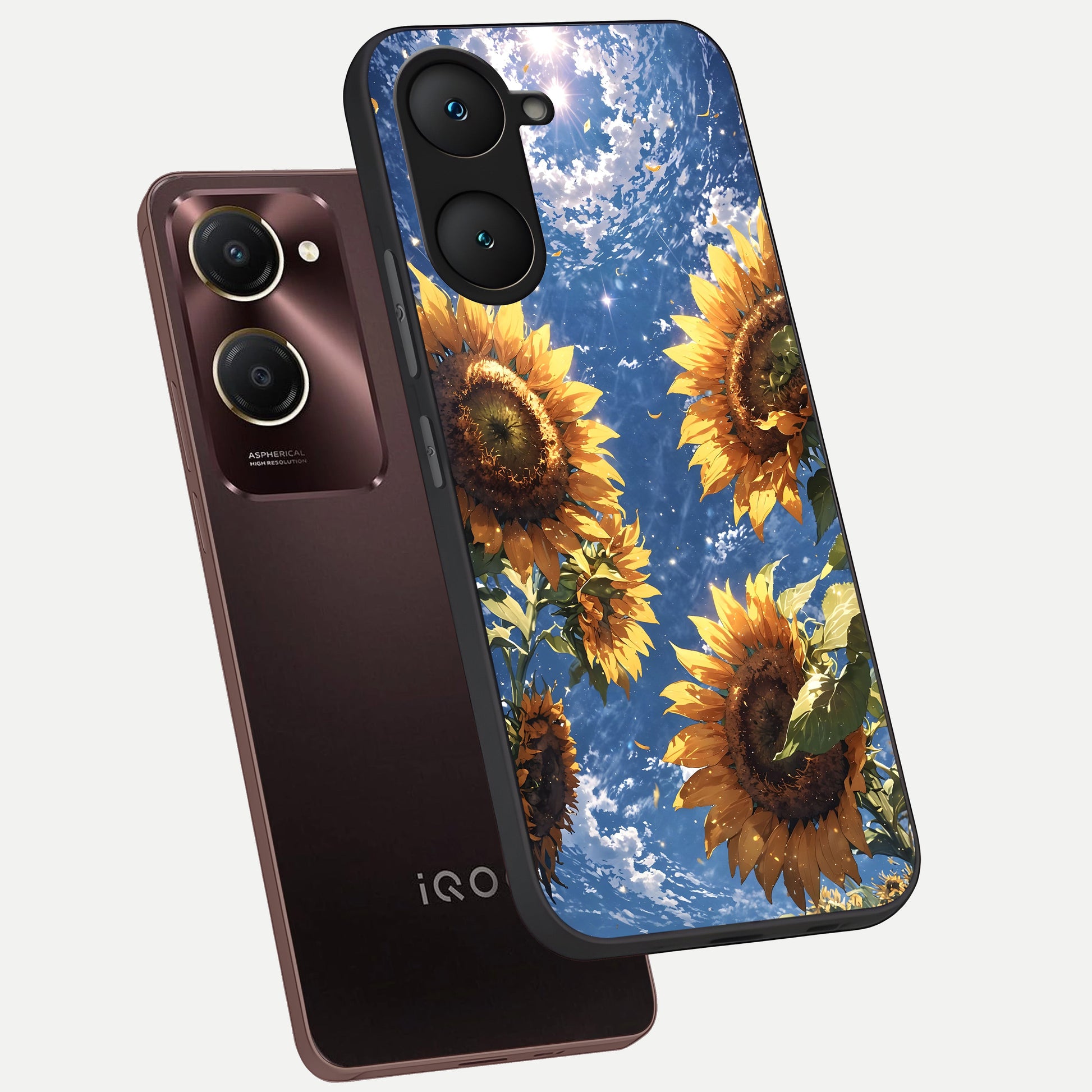  Heavenly Sunflower Rise phone case for iQOO Z9 lite showing premium glass back cover with detailed artwork