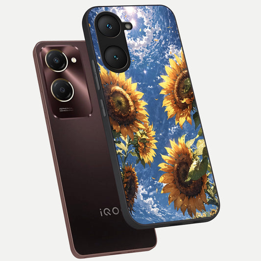  Heavenly Sunflower Rise phone case for iQOO Z9 lite showing premium glass back cover with detailed artwork