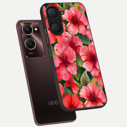  Hibiscus Pattern phone case for iQOO Z9 lite showing premium glass back cover with detailed artwork