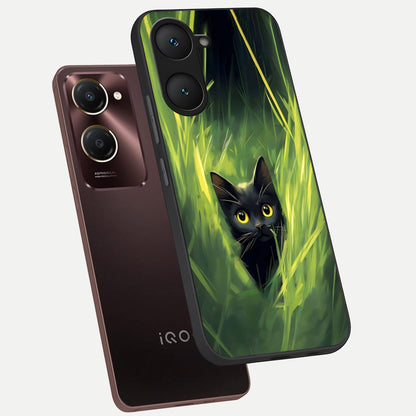  Hidden Cat Whisper phone case for iQOO Z9 lite showing premium glass back cover with detailed artwork