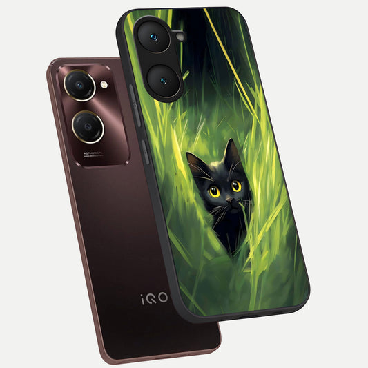  Hidden Cat Whisper phone case for iQOO Z9 lite showing premium glass back cover with detailed artwork