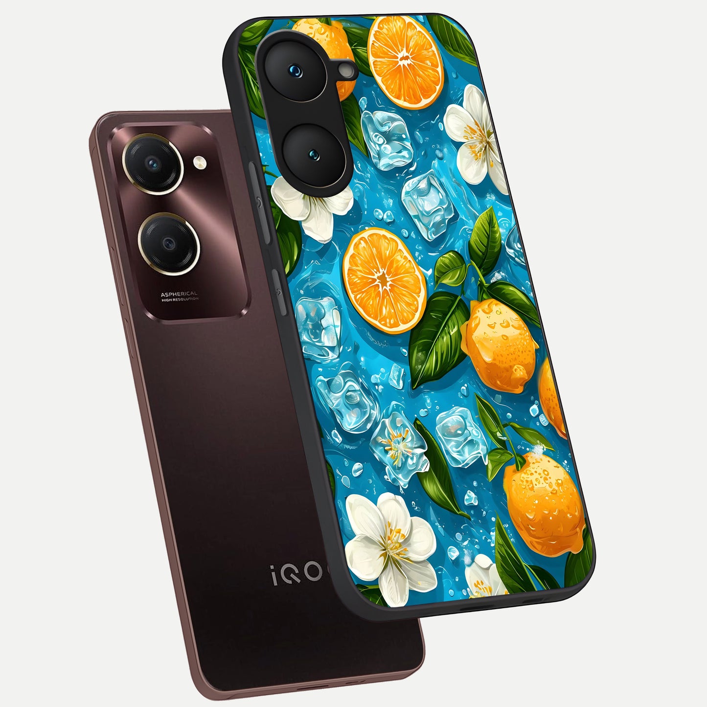  Ice Cube With Orange phone case for iQOO Z9 lite showing premium glass back cover with detailed artwork