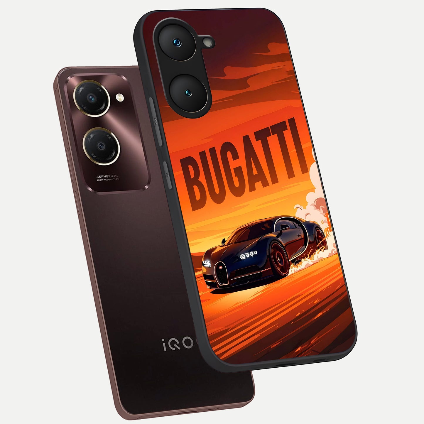  Inferno Bugatti Storm phone case for iQOO Z9 lite showing premium glass back cover with detailed artwork