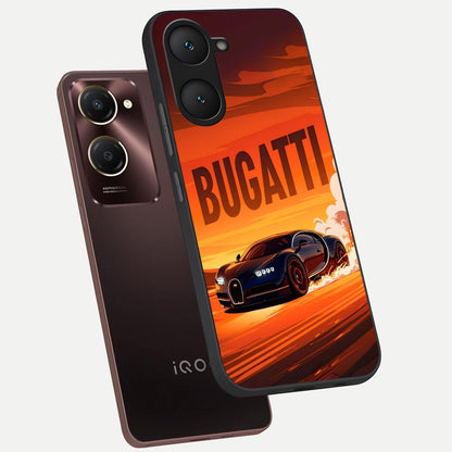  Inferno Bugatti Storm phone case for iQOO Z9 lite showing premium glass back cover with detailed artwork