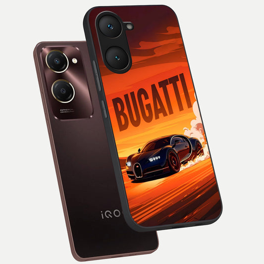  Inferno Bugatti Storm phone case for iQOO Z9 lite showing premium glass back cover with detailed artwork