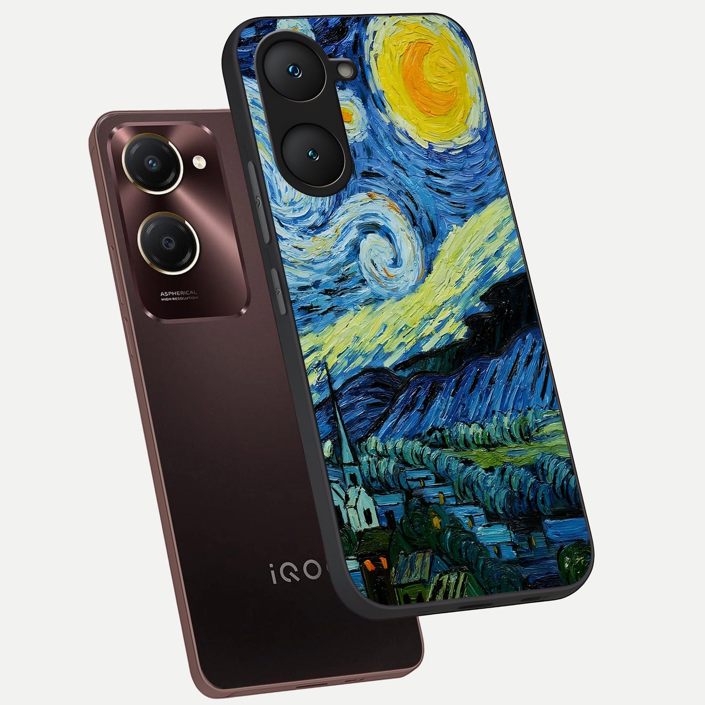  Inspired Van Gogh Art phone case for iQOO Z9 lite showing premium glass back cover with detailed artwork