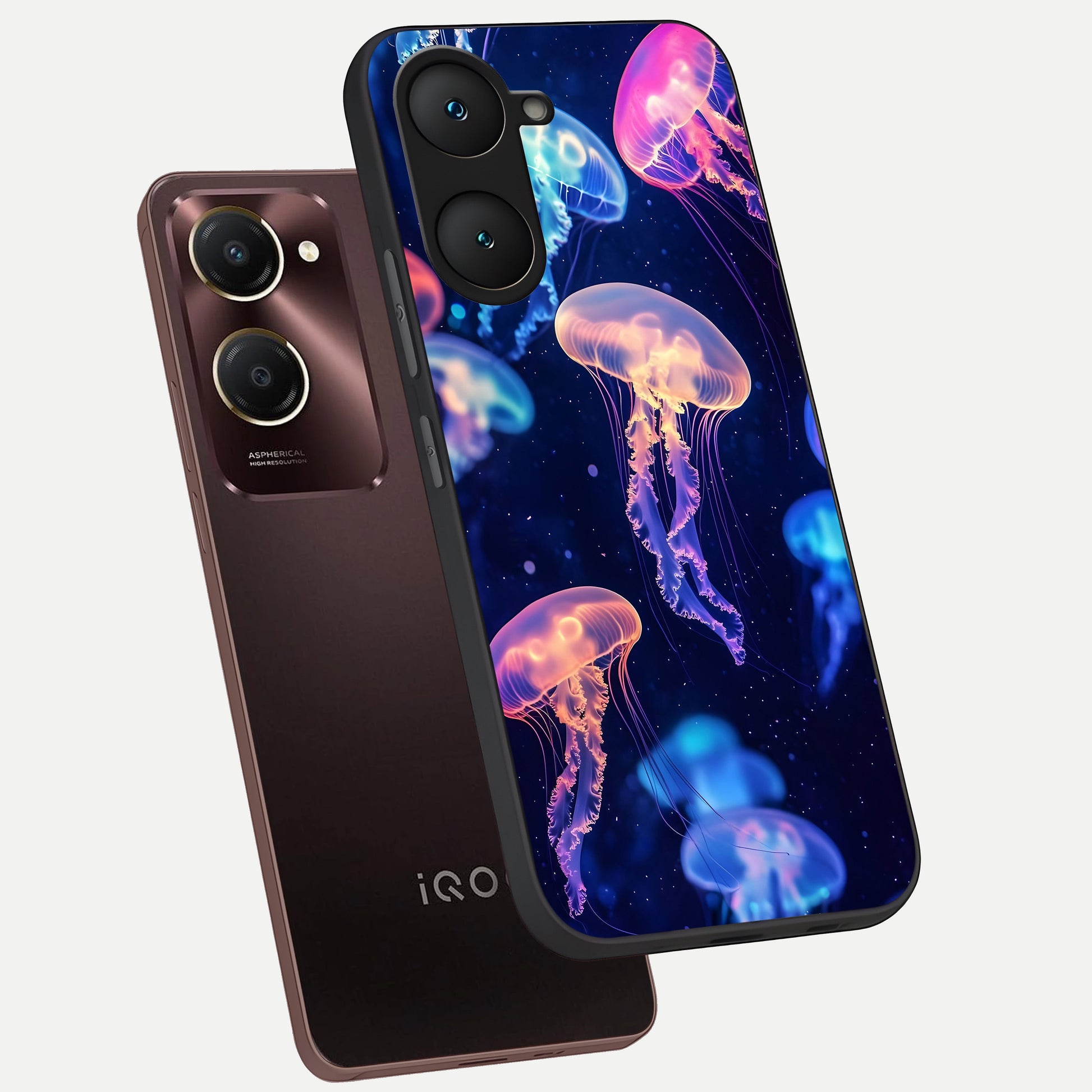  Jellyfish Pattern phone case for iQOO Z9 lite showing premium glass back cover with detailed artwork