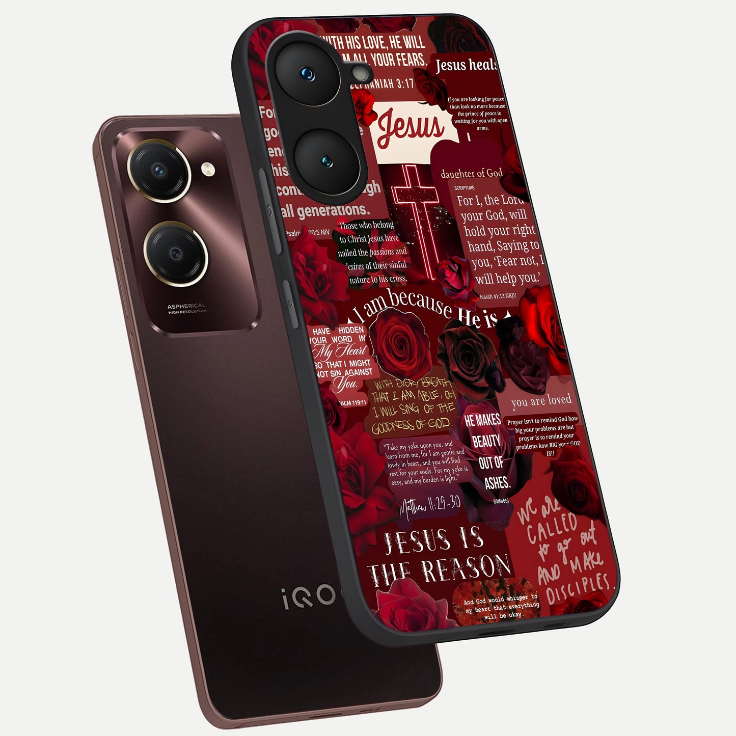 Jesus Love Heals phone case for iQOO Z9 lite showing premium glass back cover with detailed artwork
