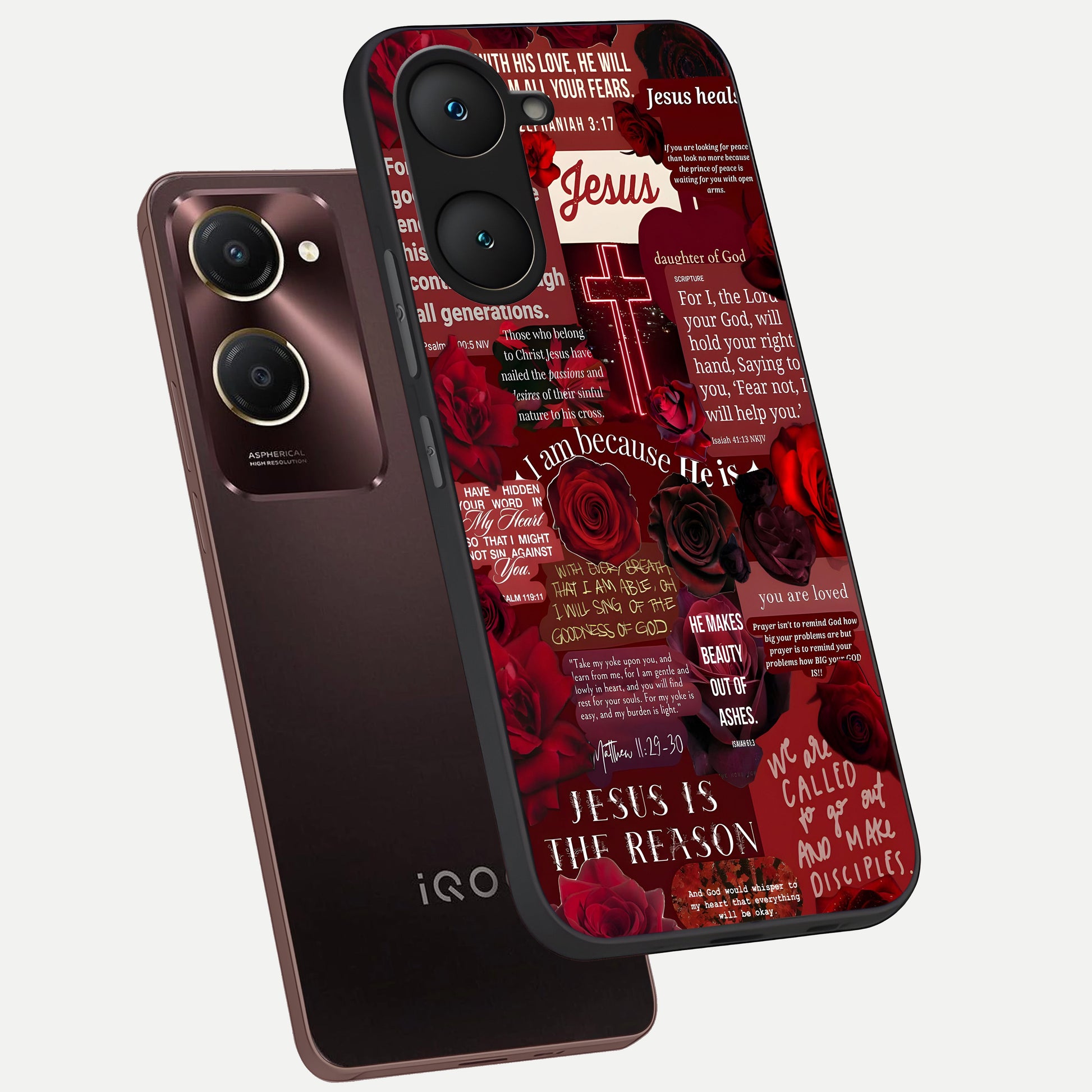  Jesus Love Heals phone case for iQOO Z9 lite showing premium glass back cover with detailed artwork