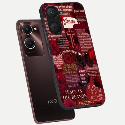  Jesus Love Heals phone case for iQOO Z9 lite showing premium glass back cover with detailed artwork