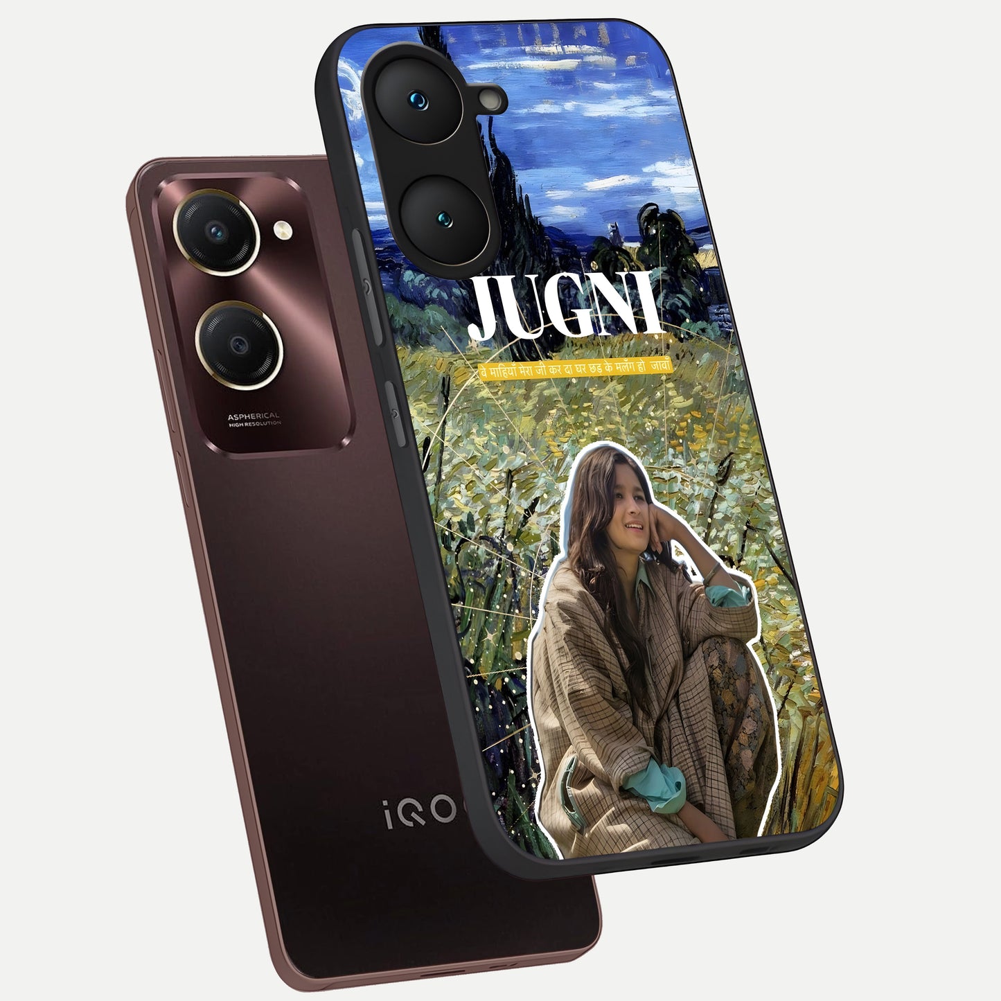  Jugni Soul Vibes phone case for iQOO Z9 lite showing premium glass back cover with detailed artwork