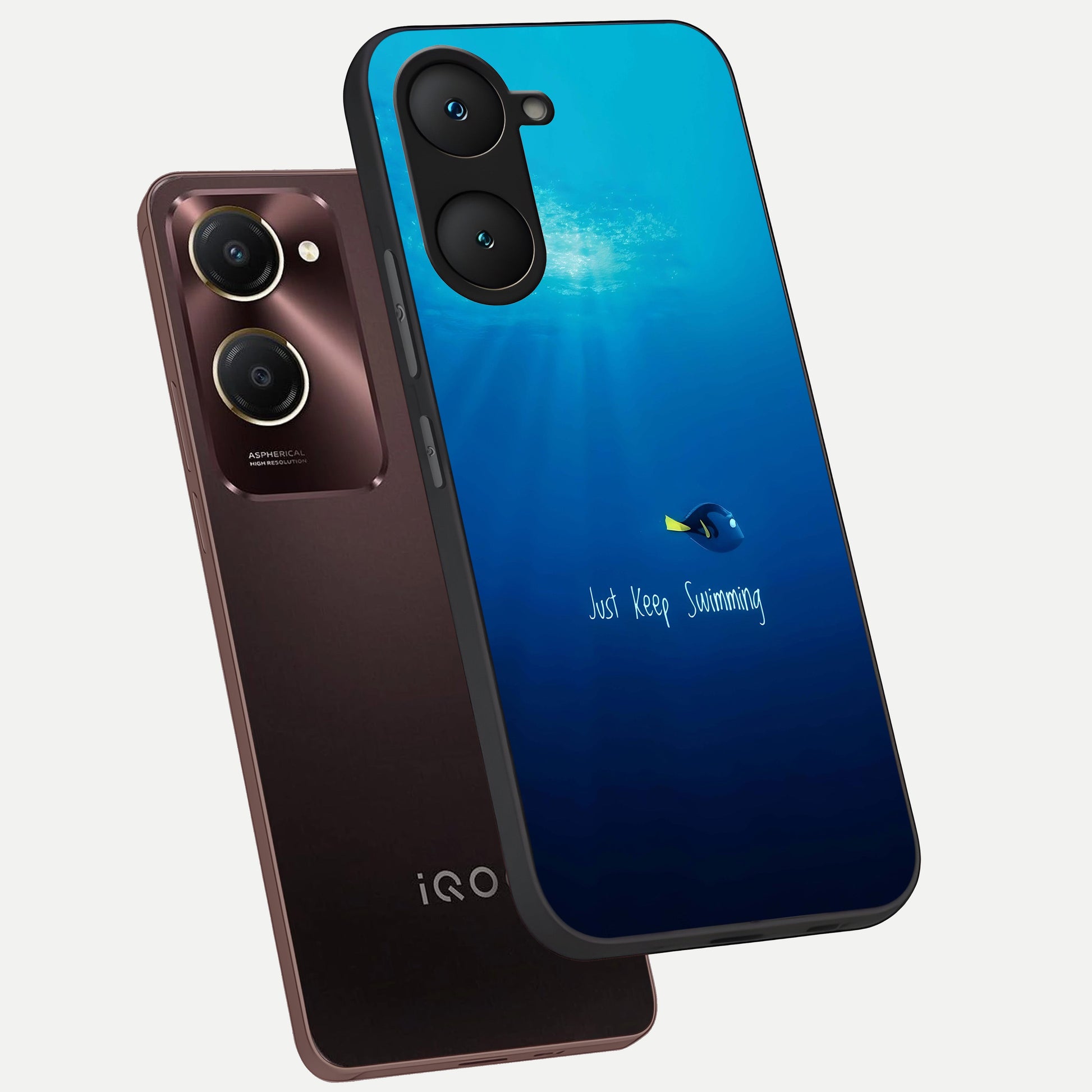  Just Keep Swimming phone case for iQOO Z9 lite showing premium glass back cover with detailed artwork