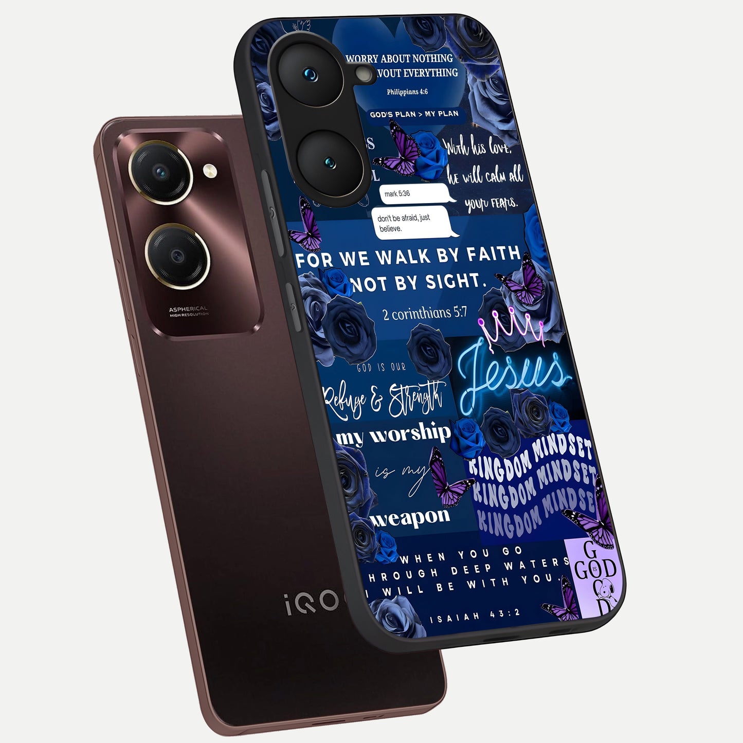  Kingdom Faith Glow phone case for iQOO Z9 lite showing premium glass back cover with detailed artwork