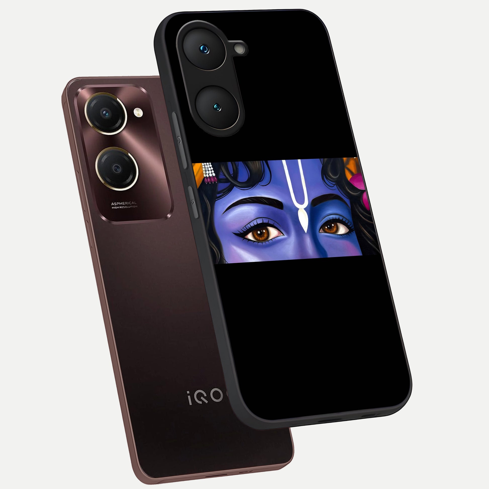  Krishna Eye phone case for iQOO Z9 lite showing premium glass back cover with detailed artwork
