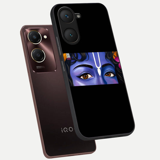  Krishna Eye phone case for iQOO Z9 lite showing premium glass back cover with detailed artwork