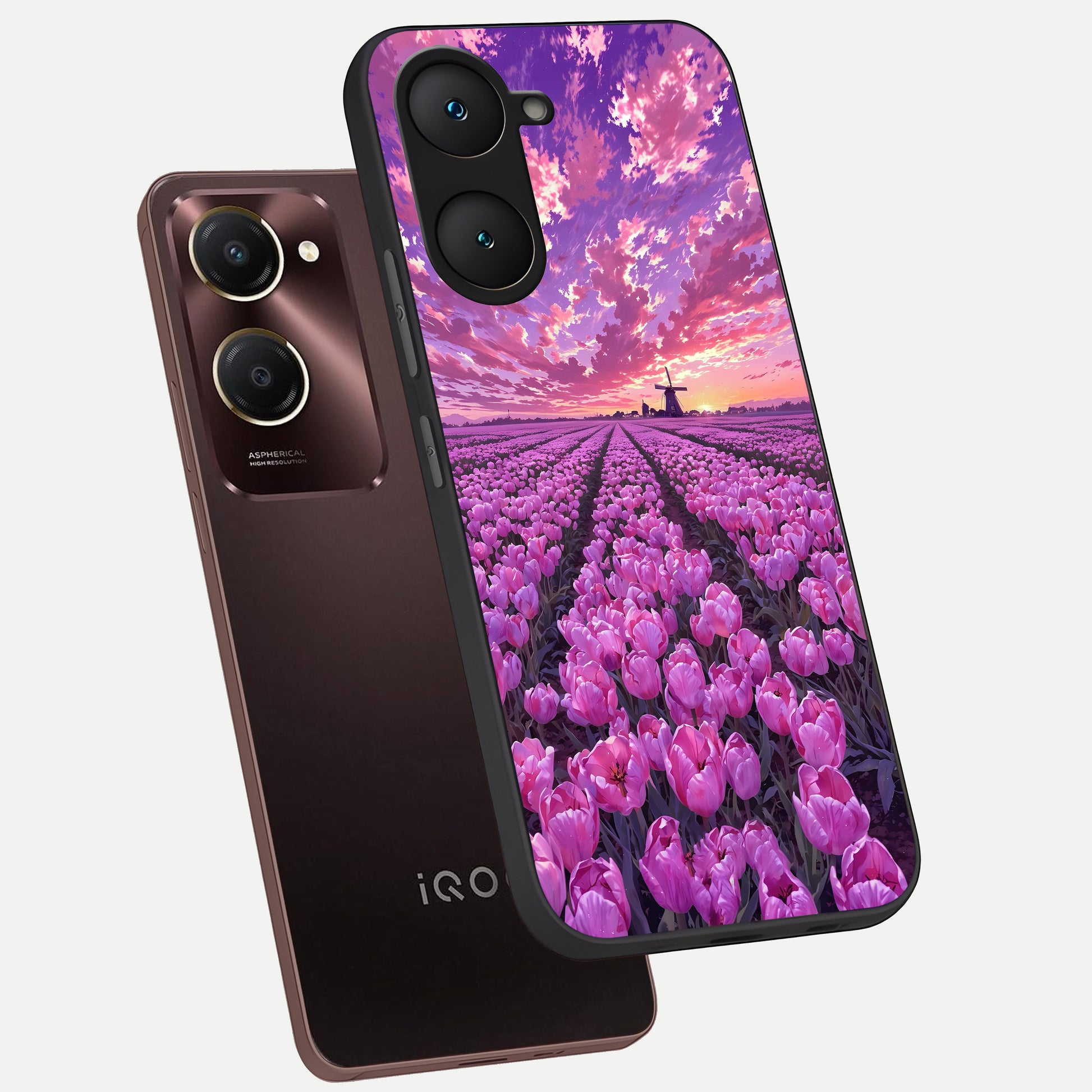 Lavender Dream Skies phone case for iQOO Z9 lite showing premium glass back cover with detailed artwork