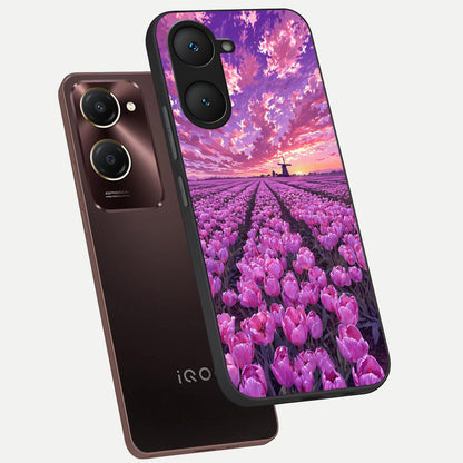  Lavender Dream Skies phone case for iQOO Z9 lite showing premium glass back cover with detailed artwork