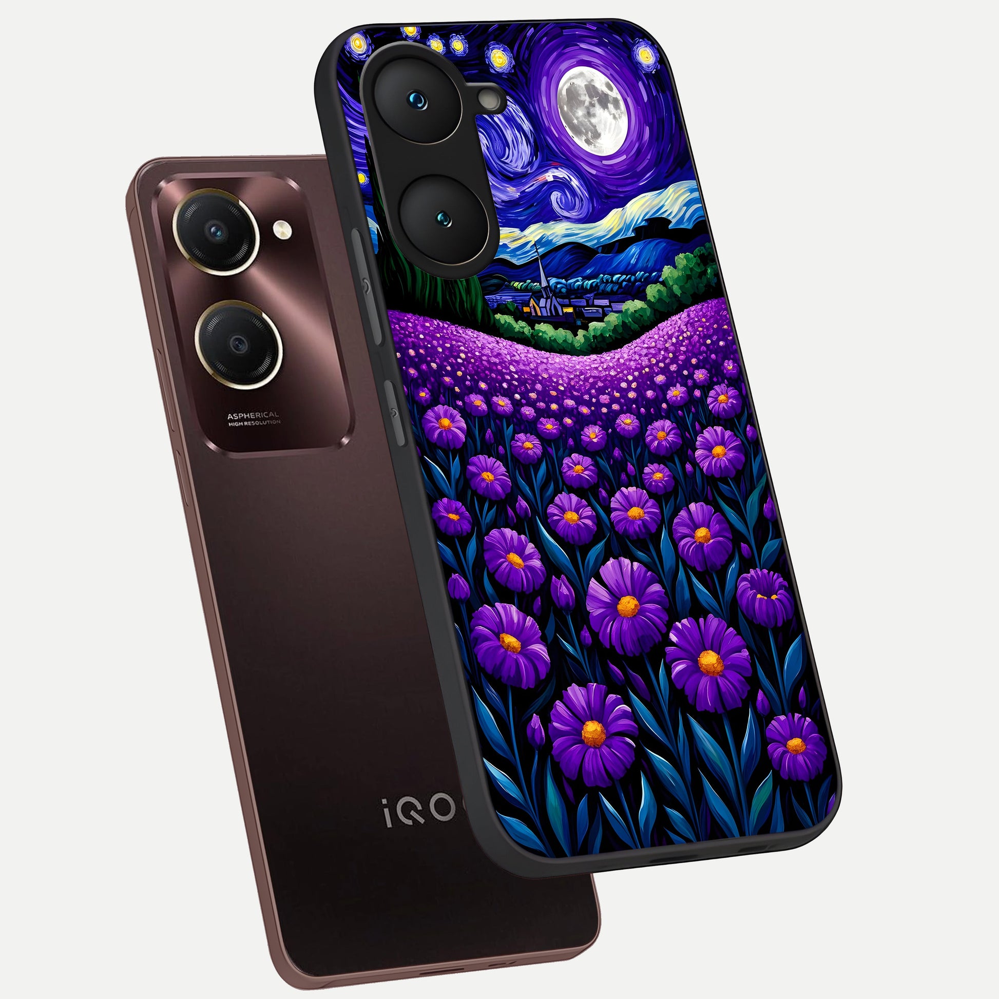  Lavender Moon Field phone case for iQOO Z9 lite showing premium glass back cover with detailed artwork